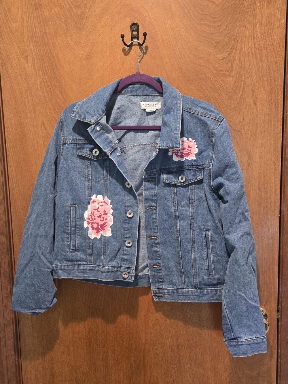 XL Cavalini  Blue Denim Jacket with Hand Painted FLOWERS